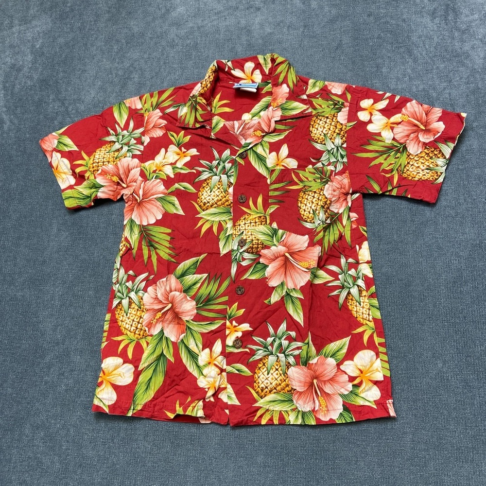 RJC Hawaiian Shirt Youth 10 Red Floral Cotton Chest Pocket Collared Button Front